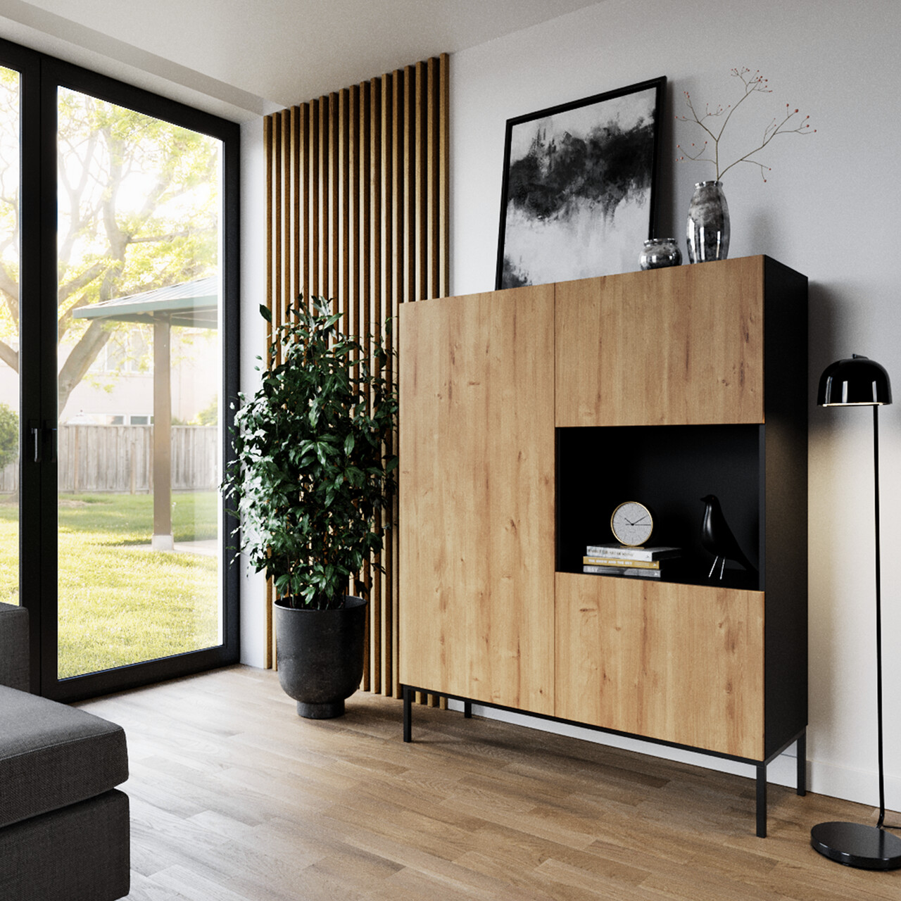 Dulap multifunctional ELTAP, Lanzzi, 120x40x150 cm, MDF laminat, negru/stejar - imagine 6
